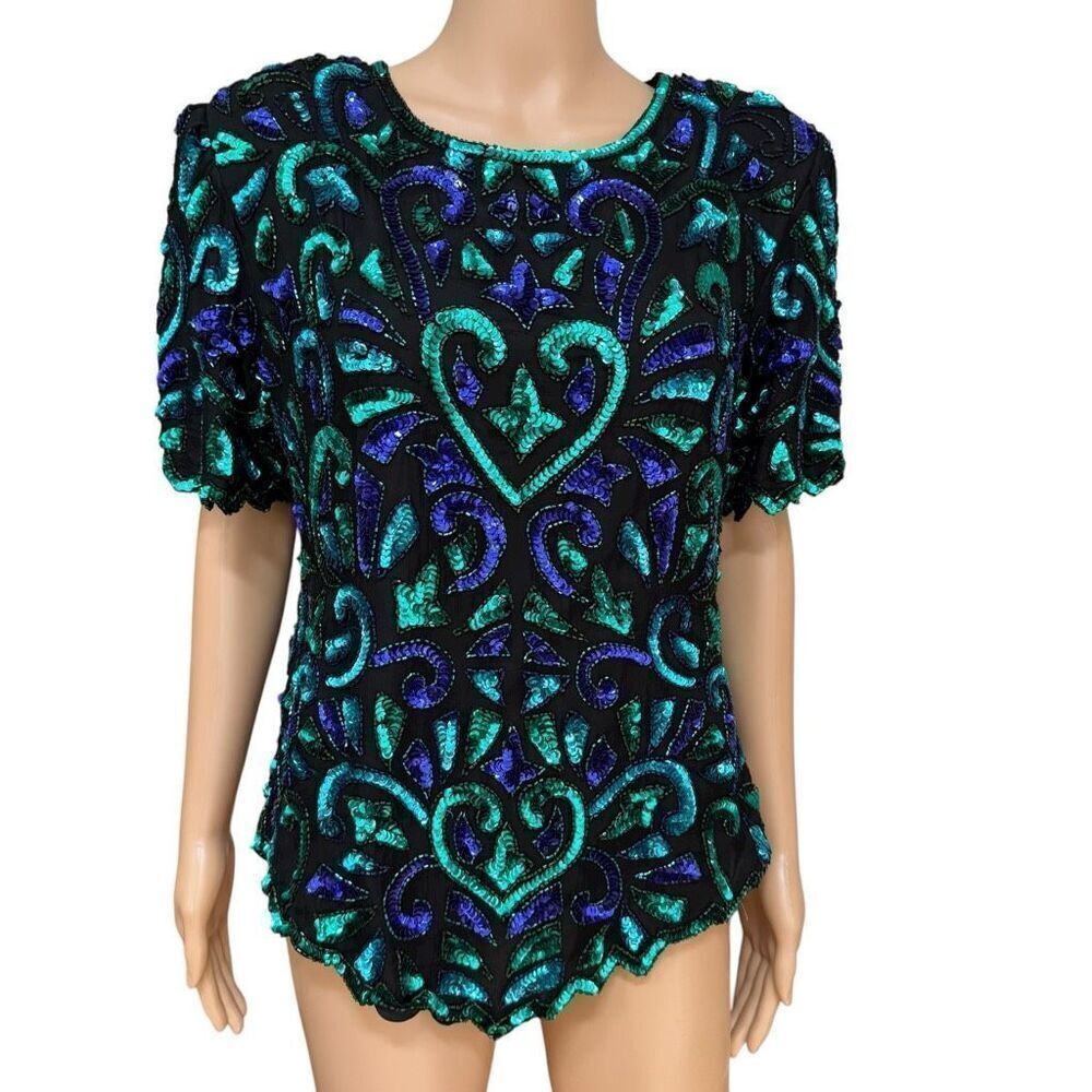 Stenay vintage 100%Silk Sequins Beaded Heart Blouse Shirt Top Sz XL NWT